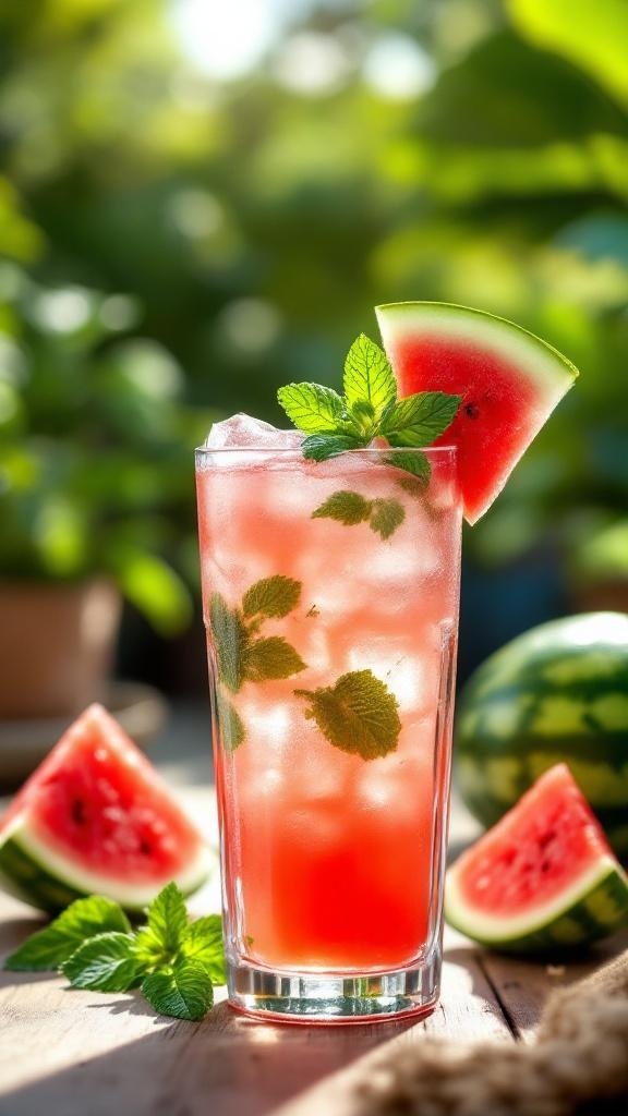 A refreshing watermelon cooler drink garnished with mint leaves and a slice of watermelon.