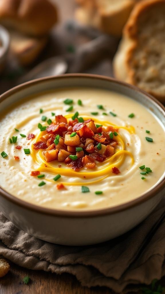 A bowl of rich and creamy potato soup topped with bacon bits and chives.
