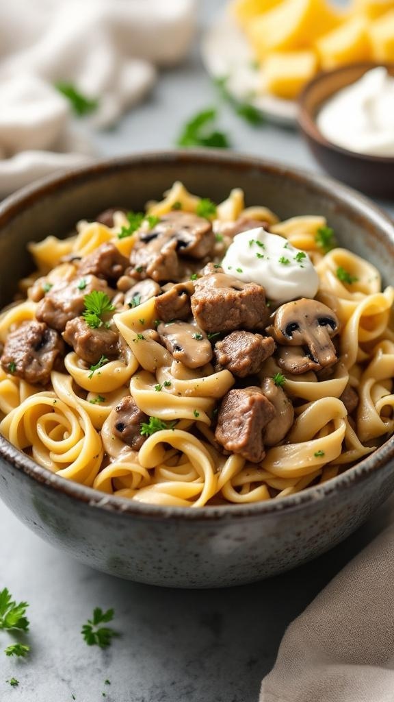 A bowl of rich and savory one-pot beef stroganoff pasta, garnished with parsley.