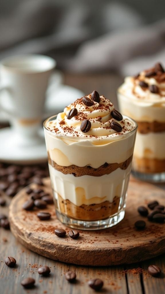 Rich No Bake Tiramisu Cups with coffee beans and cocoa powder