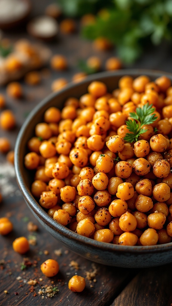 A bowl of roasted chickpeas seasoned with spices.
