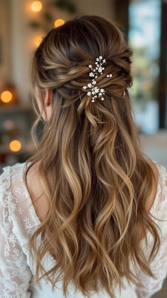 A romantic half-up half-down hairstyle featuring cascading waves and a delicate hair accessory.