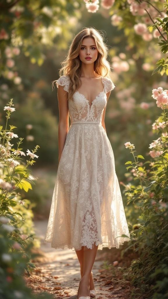 A model wearing a romantic lace midi dress with cap sleeves, standing in a floral garden.