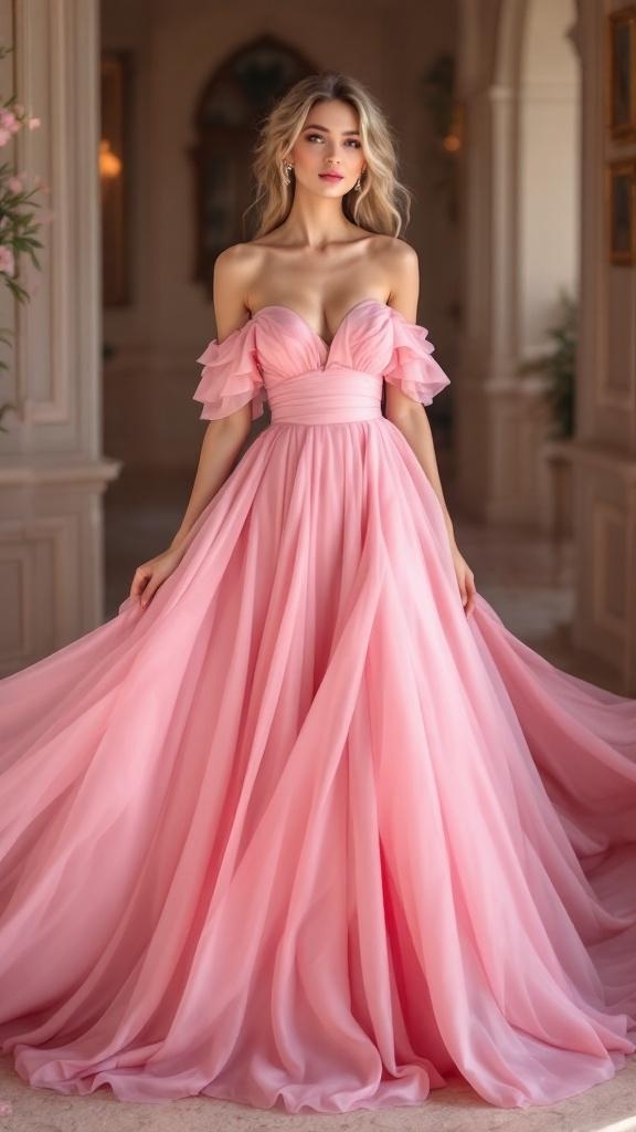 A romantic off-the-shoulder pink dress surrounded by rose petals on a soft fabric.