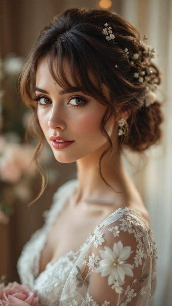 Romantic updo hairstyle with curtain bangs and floral accents