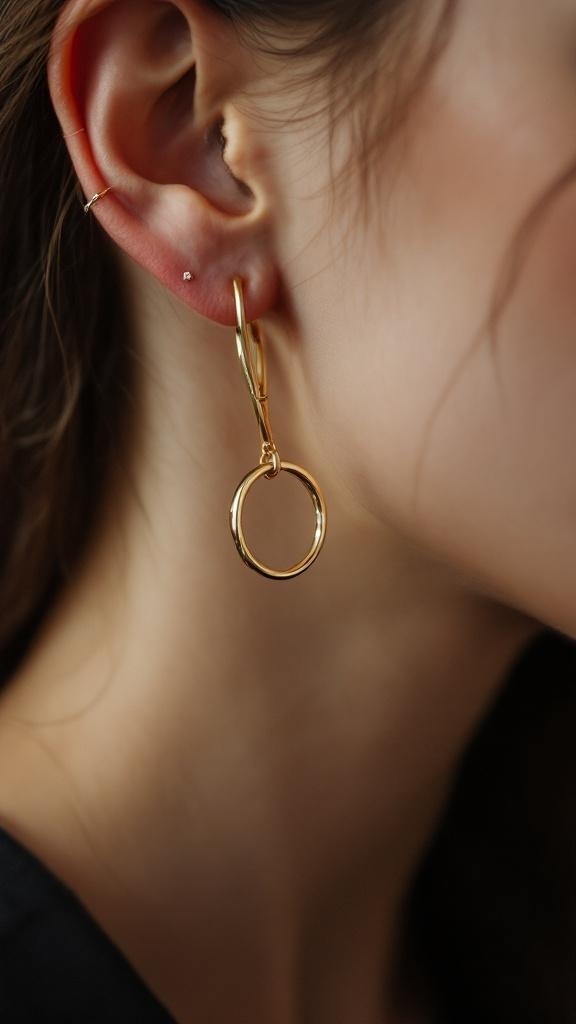 Close-up of a rook piercing with minimalist jewelry, featuring a gold hoop and a small stud.