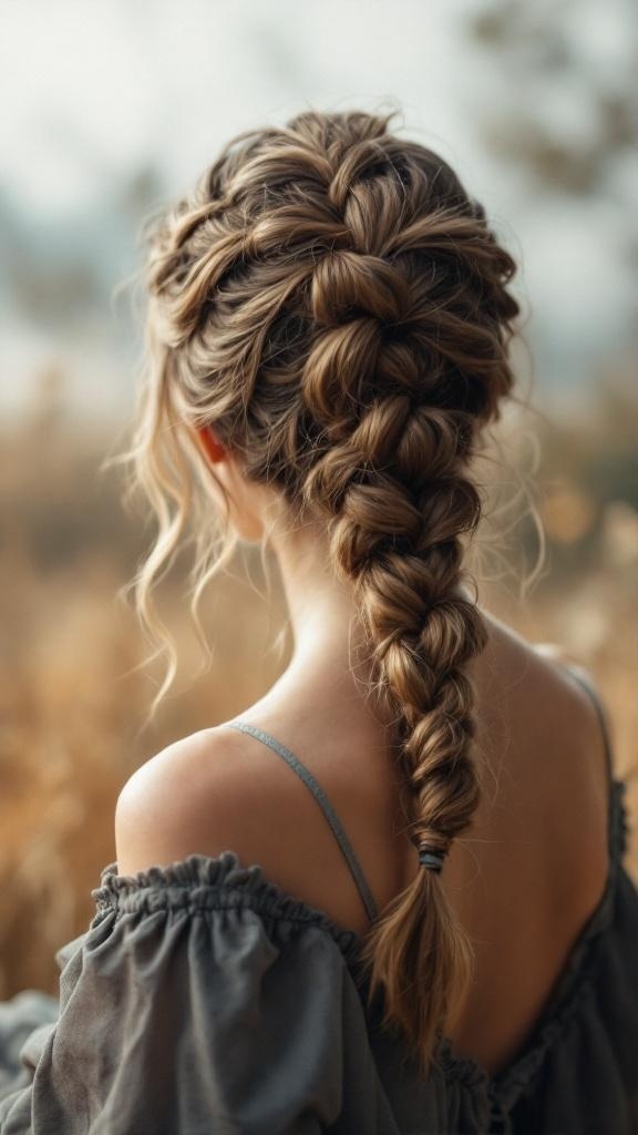 A woman with a rope braid hairstyle, showcasing intricate twists and soft waves.