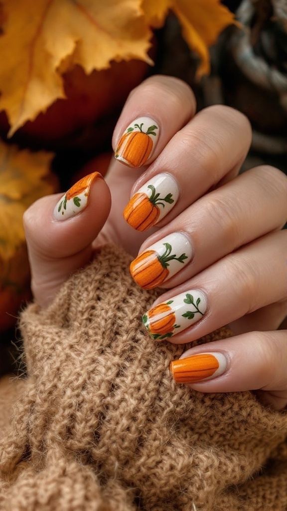 Close-up of a hand with rustic pumpkin nail art featuring orange pumpkins and green vines on a light background.
