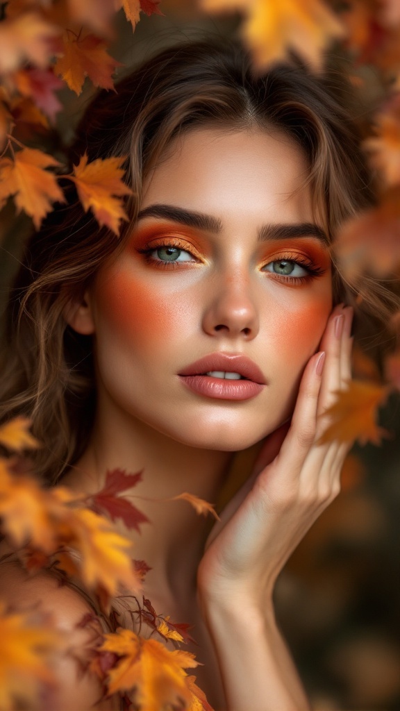 A model with rusty orange blush surrounded by autumn leaves.
