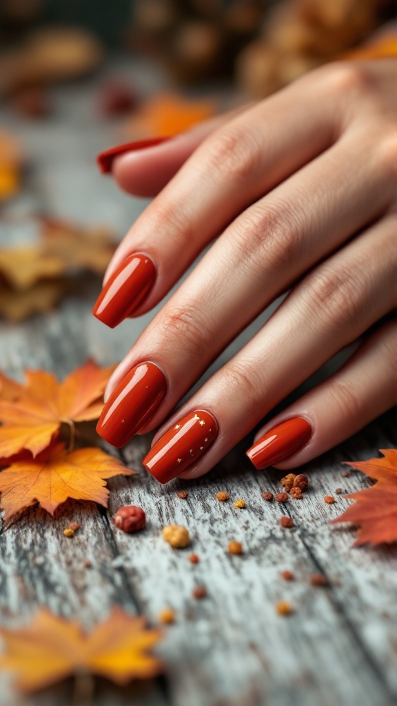 A hand with rusty red nails featuring a gold accent on one nail, surrounded by autumn leaves.