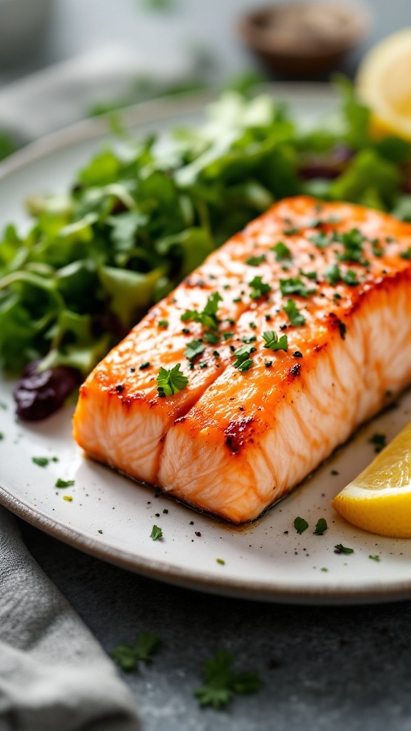 A delicious serving of salmon with herbs and lemon.
