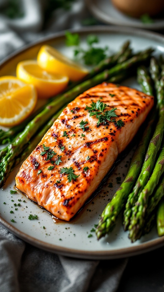 A plate of grilled salmon with asparagus and lemon slices.