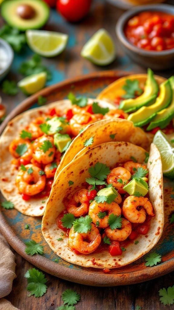 Spicy shrimp tacos with fresh toppings and lime wedges