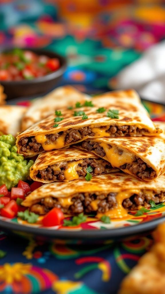 Delicious beef quesadillas served with guacamole and salsa on a colorful tablecloth.