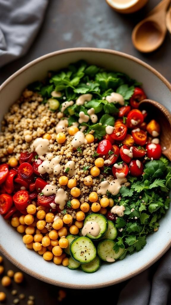 A colorful grain bowl with quinoa, chickpeas, cherry tomatoes, cucumber, and tahini dressing.