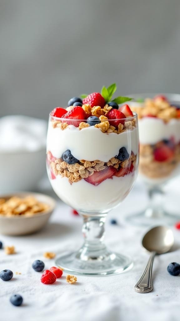 A Greek yogurt parfait with layers of yogurt, granola, and fresh berries in a glass.