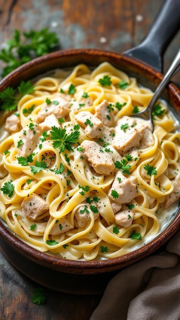 A bowl of creamy chicken alfredo pasta topped with parsley.