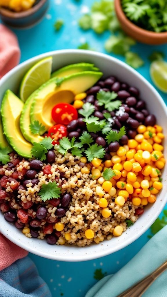 A colorful quinoa and black bean bowl with avocado, corn, and cherry tomatoes.