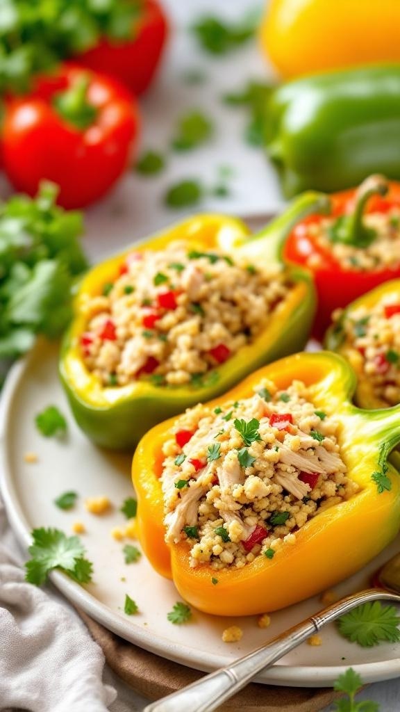Colorful stuffed bell peppers filled with shredded chicken, quinoa, and topped with cheese.