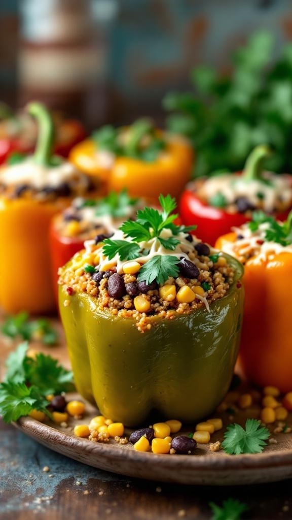 Colorful stuffed bell peppers filled with quinoa, black beans, and corn, garnished with cilantro.