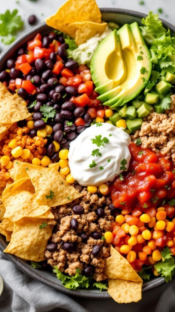 A colorful taco salad with ground turkey, black beans, corn, tomatoes, avocado, and tortilla chips.