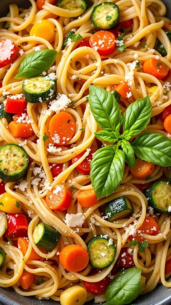 A colorful bowl of whole wheat pasta primavera with fresh vegetables and basil.