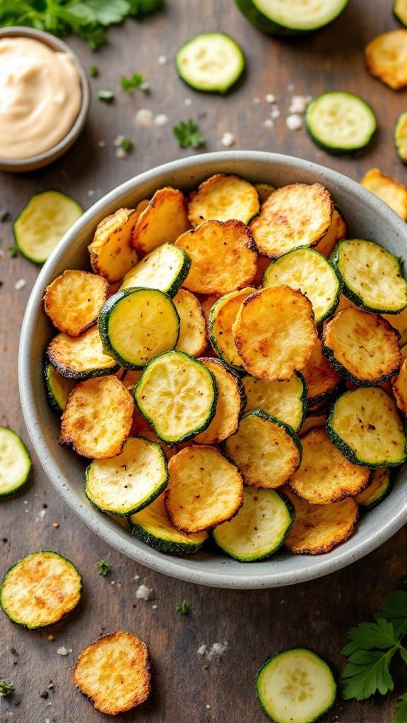 A bowl of crispy zucchini chips with a dip on the side.