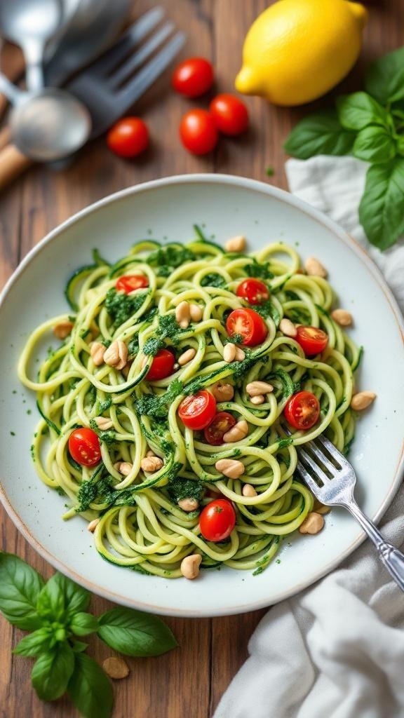 A plate of zucchini noodles topped with pesto, cherry tomatoes, and cashews.