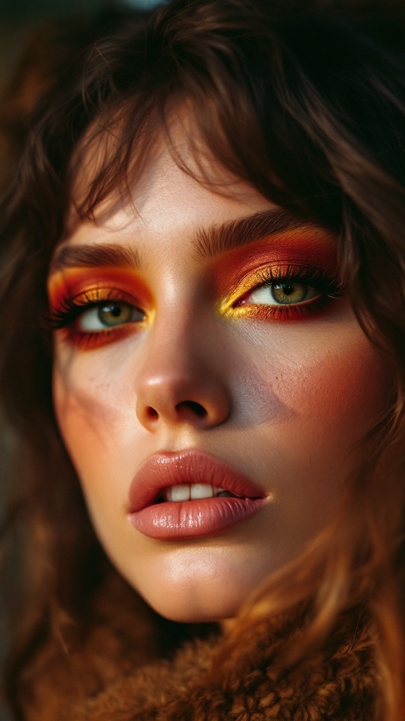 Model showcasing saturated eye makeup with orange and yellow hues