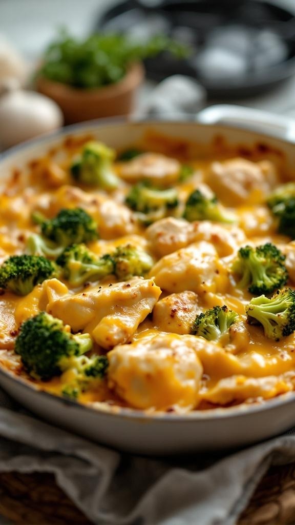 A delicious Cheesy Broccoli and Chicken Bake with melted cheese and broccoli florets.