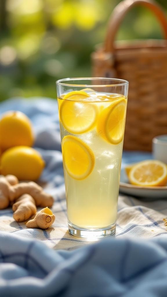 A refreshing glass of spicy ginger lemonade with lemon slices and ginger root in the background.