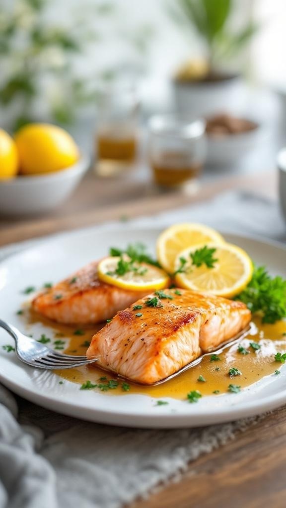 Lemon Garlic Butter Salmon with lemon slices and parsley on a plate
