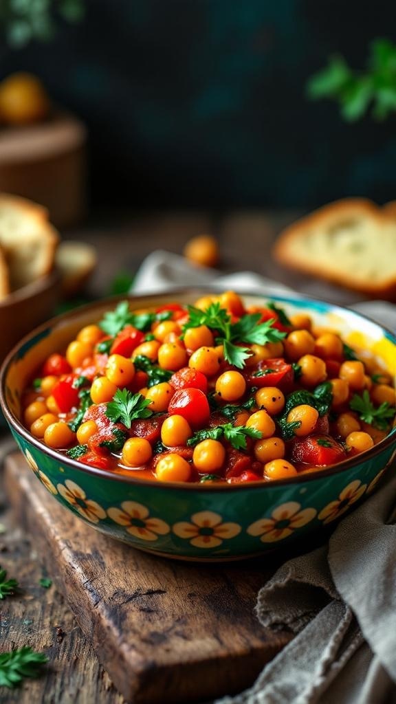 A colorful bowl of Mediterranean Chickpea Stew with chickpeas, tomatoes, and greens.
