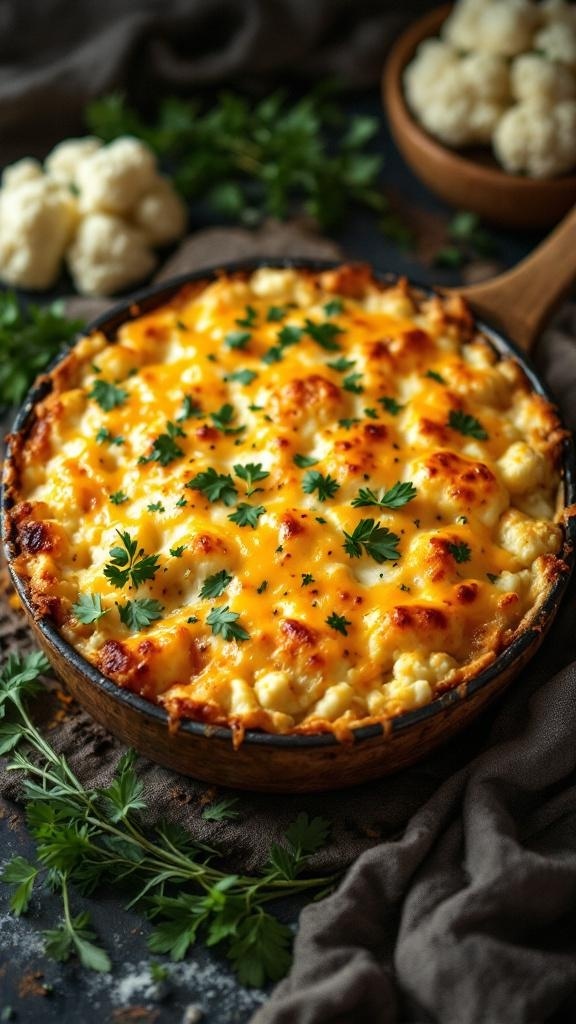 Cheesy Cauliflower Casserole topped with parsley