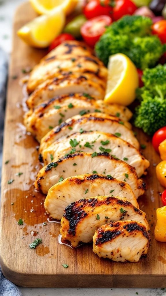 Grilled chicken slices on a wooden board with lemon and colorful vegetables