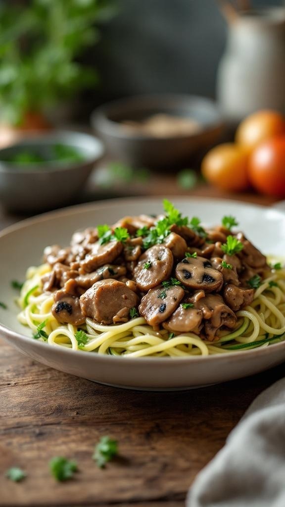 A plate of Keto Beef Stroganoff served over zoodles, garnished with parsley.