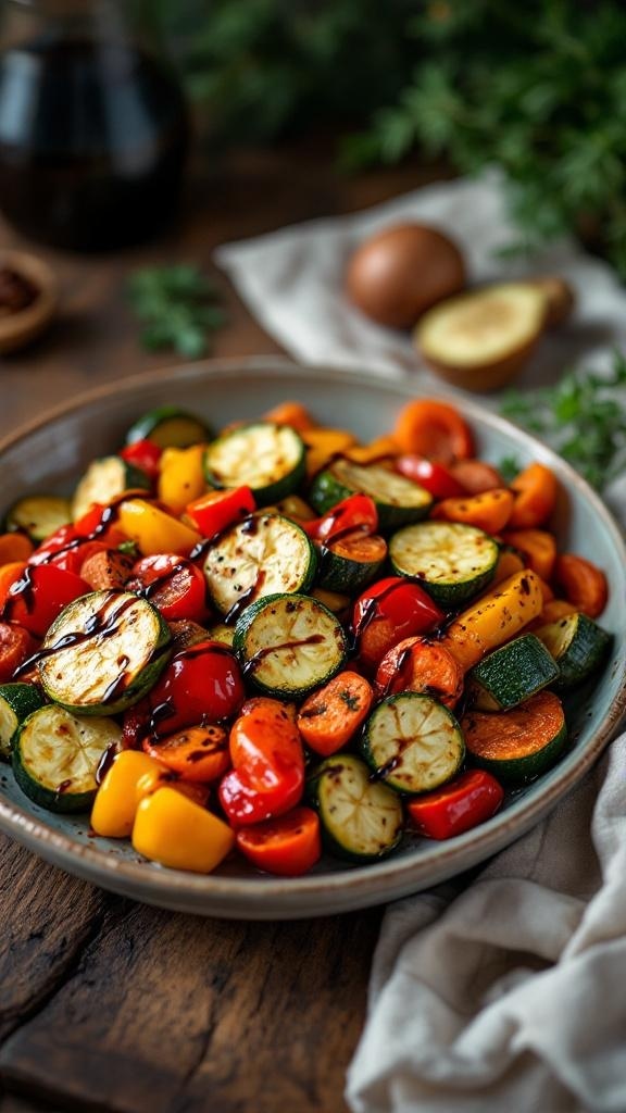 A colorful plate of roasted Mediterranean vegetables including zucchini, bell peppers, and carrots.