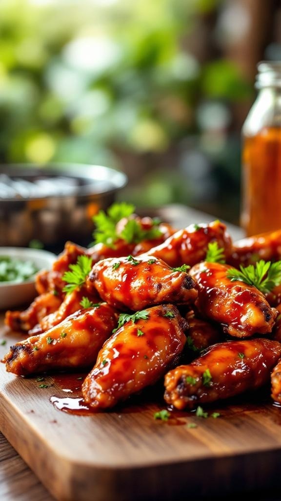 A plate of honey BBQ chicken wings garnished with parsley