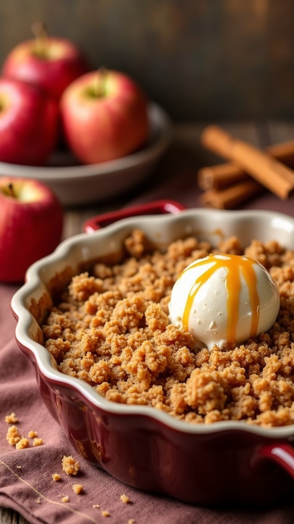 A delicious caramel apple crisp topped with vanilla ice cream and caramel sauce, with fresh apples and cinnamon sticks in the background.