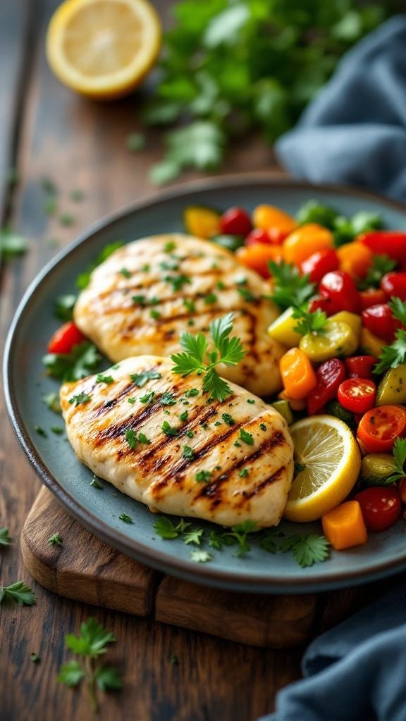 Lemon Herb Grilled Chicken Breasts served with colorful salad