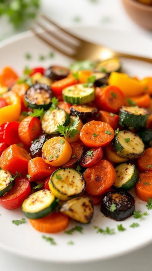 A colorful plate of air-fried vegetable medley featuring cherry tomatoes, zucchini, bell peppers, and carrots.
