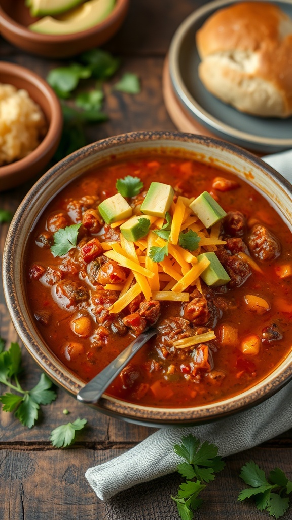 A bowl of hearty chili topped with cheese and avocado, served with bread on the side.