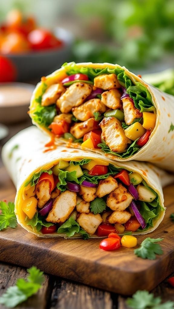 Delicious chicken and vegetable wraps on a wooden board
