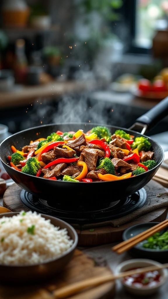 A colorful beef stir-fry with broccoli, bell peppers, and carrots in a black skillet, served with rice.