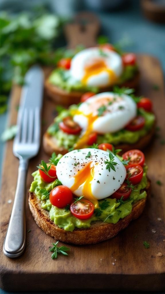 A wooden board with avocado and egg toasts topped with cherry tomatoes and herbs.