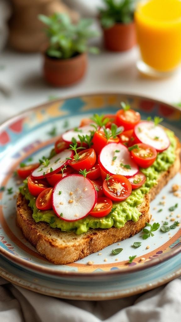 A plate of savory avocado toast topped with cherry tomatoes and radishes, served with a glass of orange juice.