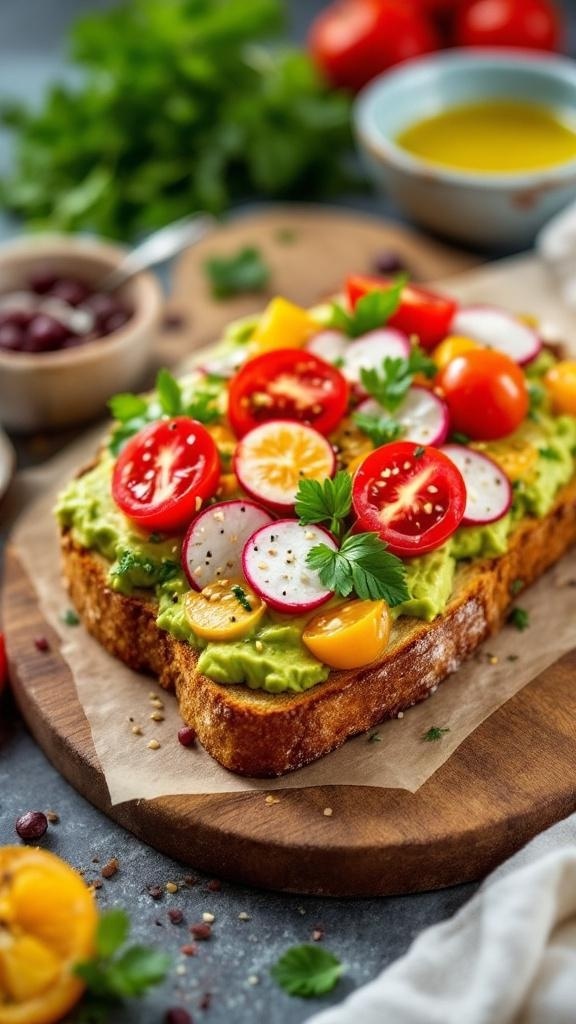 Savory avocado toast topped with cherry tomatoes and radishes on a wooden board.