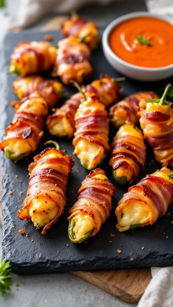 Bacon-wrapped jalapeño poppers on a slate board with a bowl of dipping sauce.