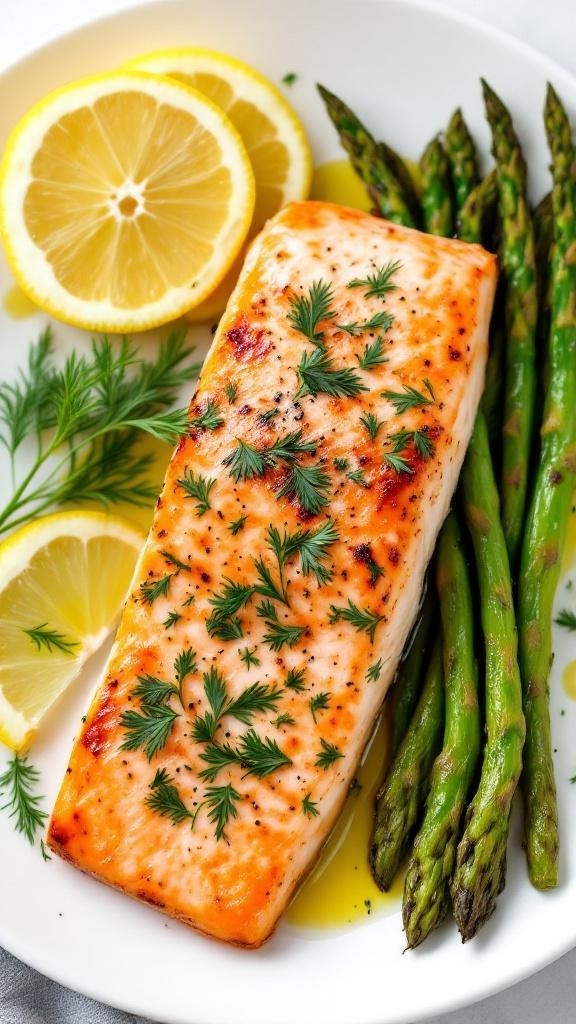 Baked salmon with asparagus and lemon slices on a plate.