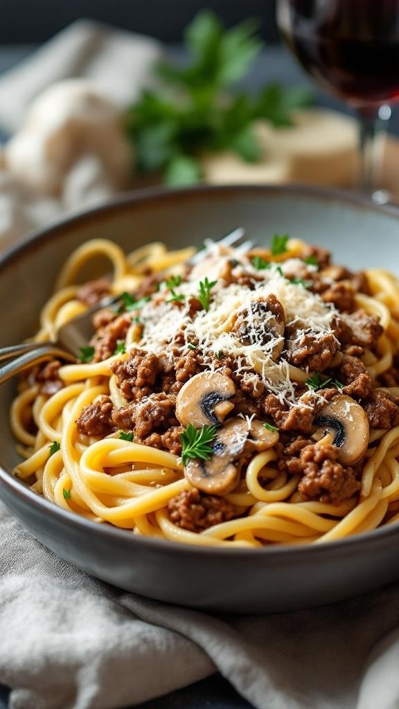 A bowl of savory beef and mushroom pasta topped with cheese and parsley.